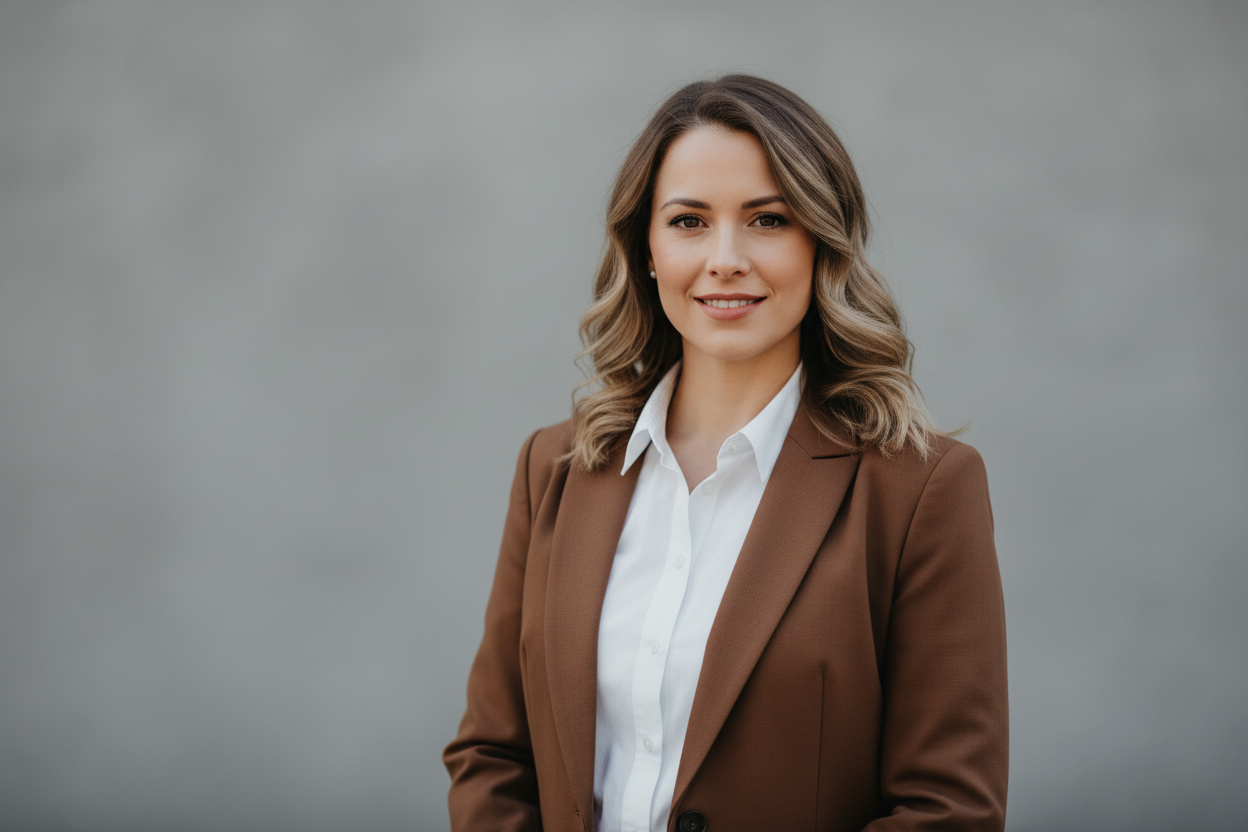 represdentation d'une femme avec une chemise et une veste marron, je n'ai besoin que de voir jusqu'à son buste 